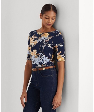 Women's Floral Stretch Cotton T-Shirt Regular & Petite Navy Multi $38.23 Tops