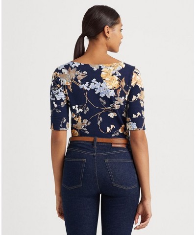 Women's Floral Stretch Cotton T-Shirt Regular & Petite Navy Multi $38.23 Tops