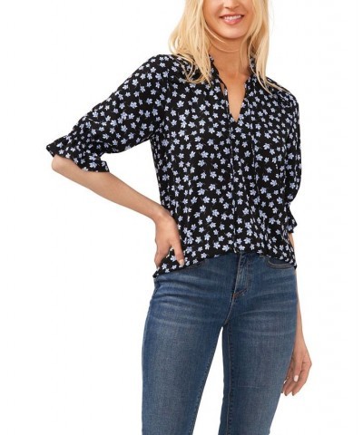 Women's Tie Neck Floral Blouse Black $36.49 Tops