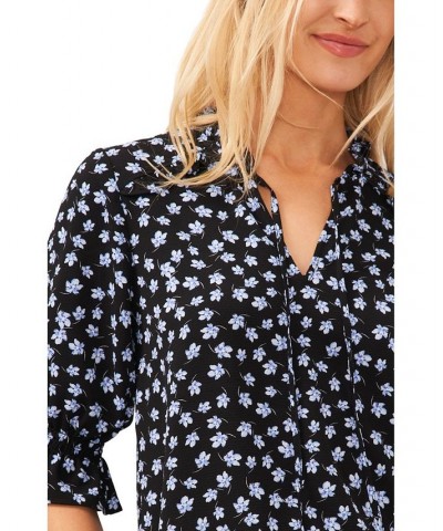 Women's Tie Neck Floral Blouse Black $36.49 Tops