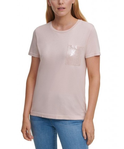 Short Sleeve Sequin Pocket T-Shirt Pink $35.40 Tops