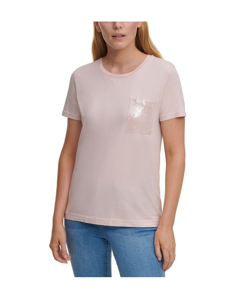 Short Sleeve Sequin Pocket T-Shirt Pink $35.40 Tops