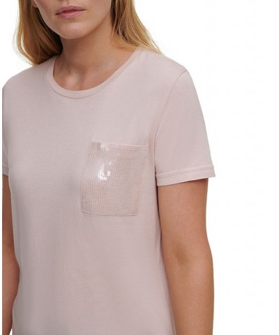 Short Sleeve Sequin Pocket T-Shirt Pink $35.40 Tops