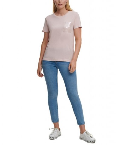 Short Sleeve Sequin Pocket T-Shirt Pink $35.40 Tops