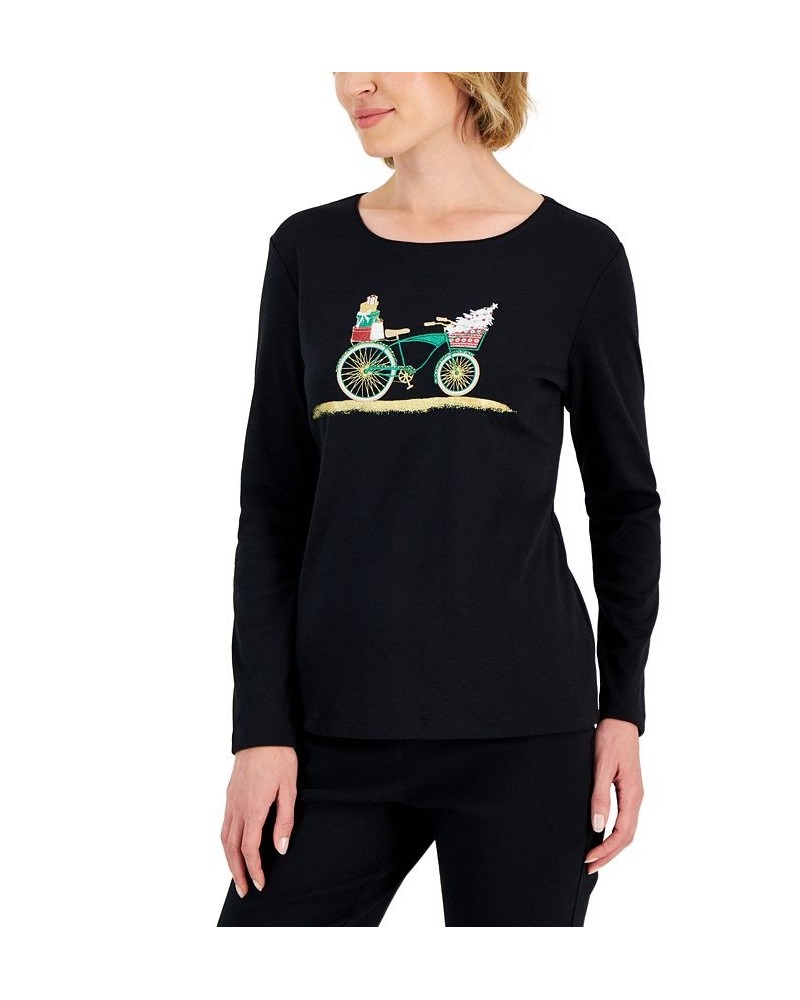 Petite Embellished Holiday-Graphic T-Shirt Deep Black Bike $12.08 Tops