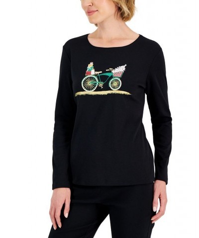 Petite Embellished Holiday-Graphic T-Shirt Deep Black Bike $12.08 Tops