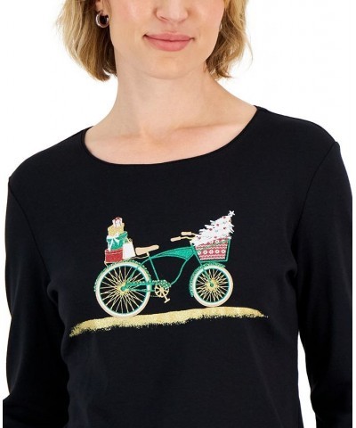 Petite Embellished Holiday-Graphic T-Shirt Deep Black Bike $12.08 Tops