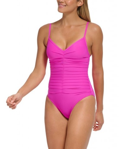 Women's Solid Pleated V-Neck One-Piece Swimsuit Pink $60.16 Swimsuits