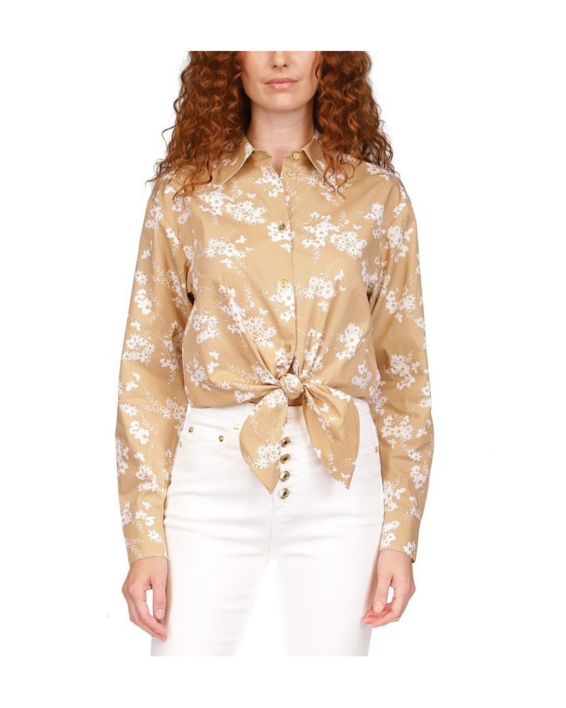 Women's Cotton Botanical Tie Shirt Tan/Beige $33.02 Tops