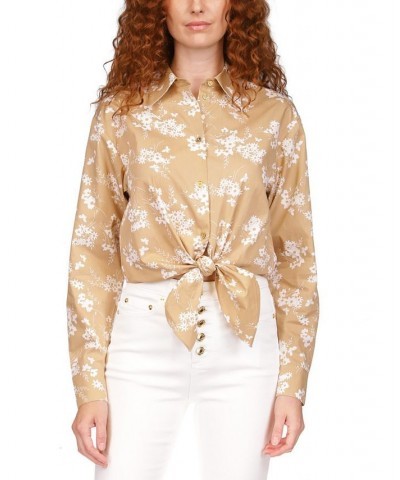 Women's Cotton Botanical Tie Shirt Tan/Beige $33.02 Tops