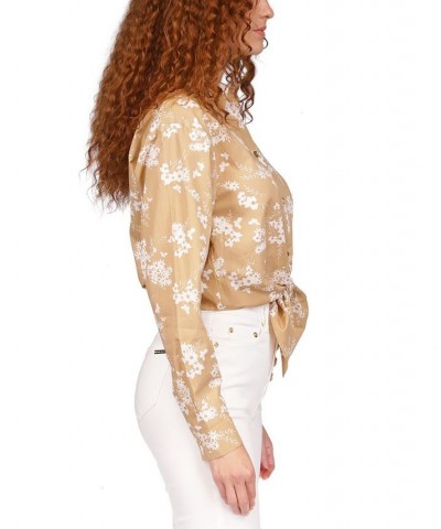 Women's Cotton Botanical Tie Shirt Tan/Beige $33.02 Tops