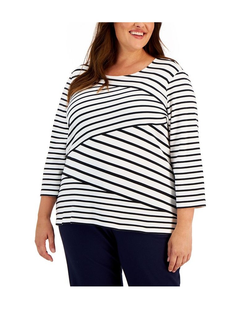 Plus Size 3/4-Sleeve Striped Top Bright White $14.19 Tops