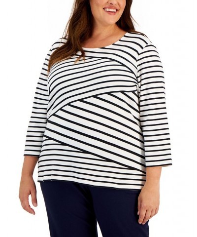 Plus Size 3/4-Sleeve Striped Top Bright White $14.19 Tops