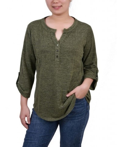 Women's 3/4 Roll Tab Sleeve Y-Neck Top Olivine $16.17 Tops