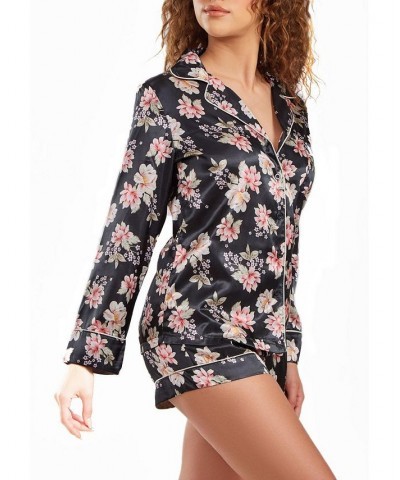 Women's Cyrus Floral Satin Pajama Short Set with Cuff Detail Multi-Black $51.70 Sleepwear