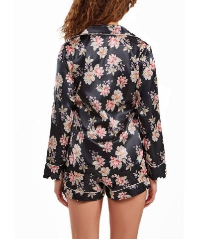 Women's Cyrus Floral Satin Pajama Short Set with Cuff Detail Multi-Black $51.70 Sleepwear