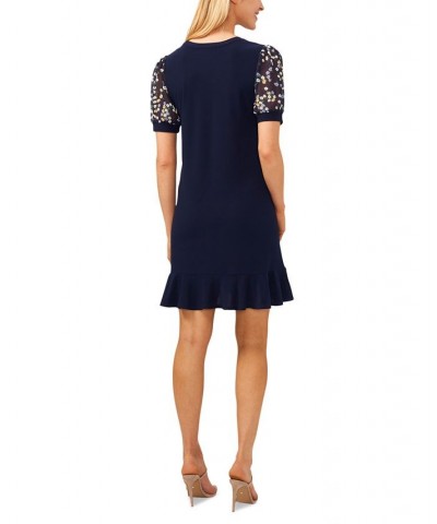 Women's Printed Short-Sleeve Flounce-Hem Dress Navy J $52.47 Dresses