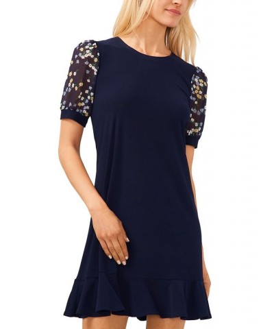 Women's Printed Short-Sleeve Flounce-Hem Dress Navy J $52.47 Dresses