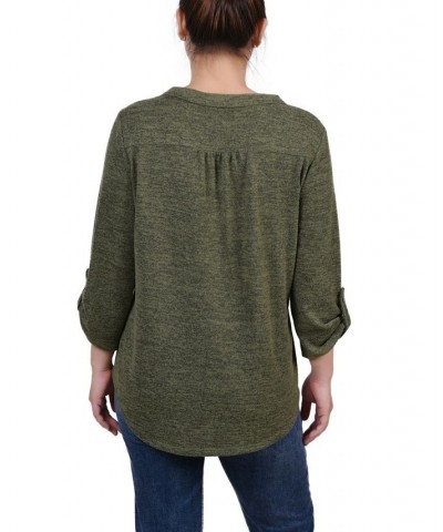 Women's 3/4 Roll Tab Sleeve Y-Neck Top Olivine $16.17 Tops