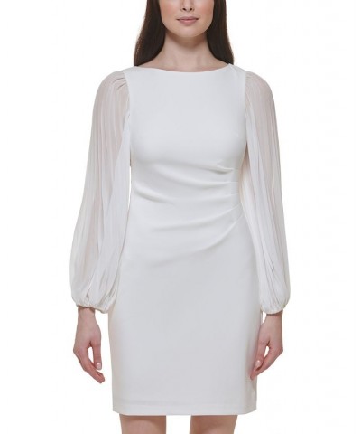 Women's Side-Pleat Sheer-Sleeve Sheath Dress Ivory $33.91 Dresses