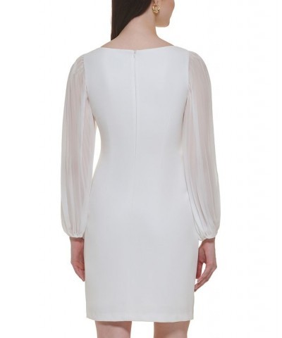 Women's Side-Pleat Sheer-Sleeve Sheath Dress Ivory $33.91 Dresses