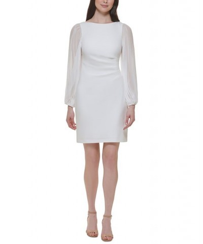 Women's Side-Pleat Sheer-Sleeve Sheath Dress Ivory $33.91 Dresses