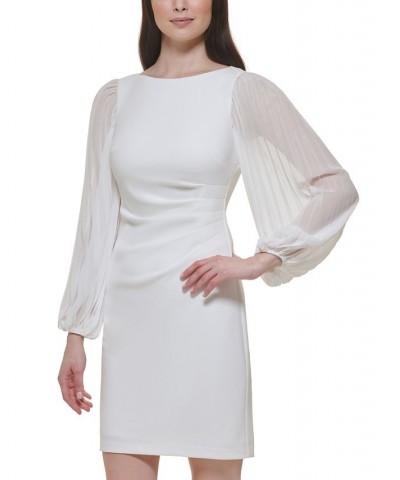 Women's Side-Pleat Sheer-Sleeve Sheath Dress Ivory $33.91 Dresses