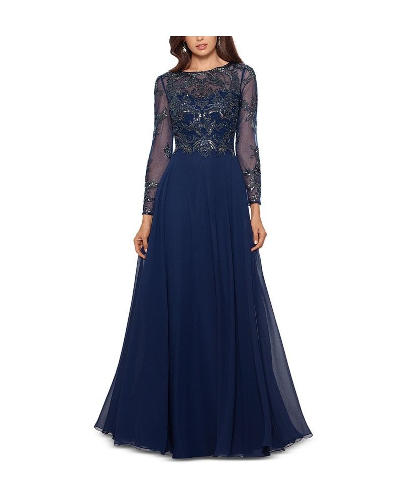 Women's Sequin Embellished Long Sleeve Chiffon Gown Blue $135.96 Dresses