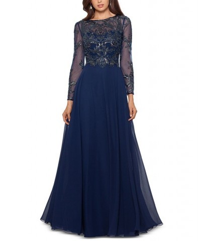 Women's Sequin Embellished Long Sleeve Chiffon Gown Blue $135.96 Dresses