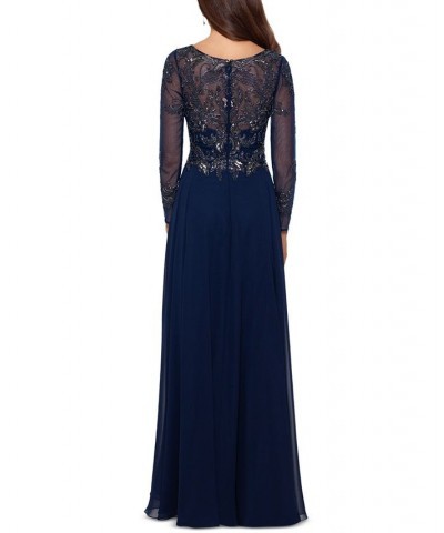 Women's Sequin Embellished Long Sleeve Chiffon Gown Blue $135.96 Dresses