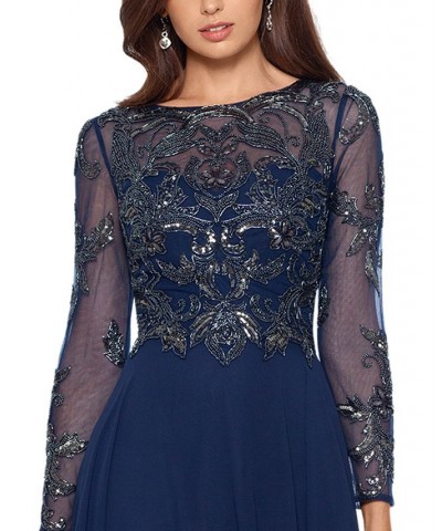 Women's Sequin Embellished Long Sleeve Chiffon Gown Blue $135.96 Dresses