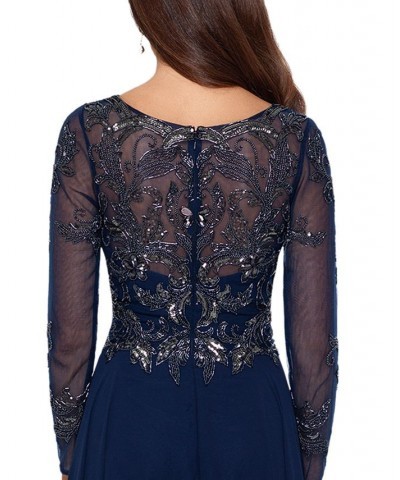 Women's Sequin Embellished Long Sleeve Chiffon Gown Blue $135.96 Dresses