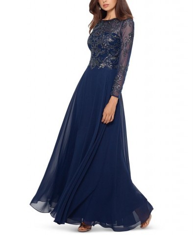 Women's Sequin Embellished Long Sleeve Chiffon Gown Blue $135.96 Dresses