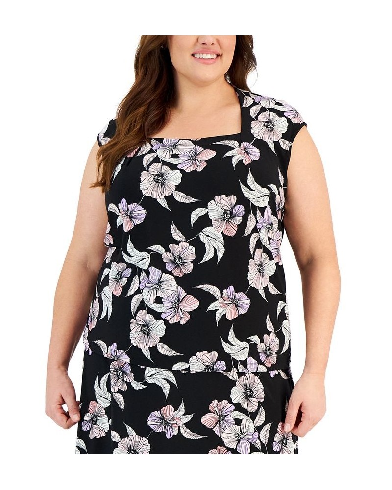 Plus Size Floral Square-Neck Cap-Sleeve Blouse Black Multi $21.44 Tops