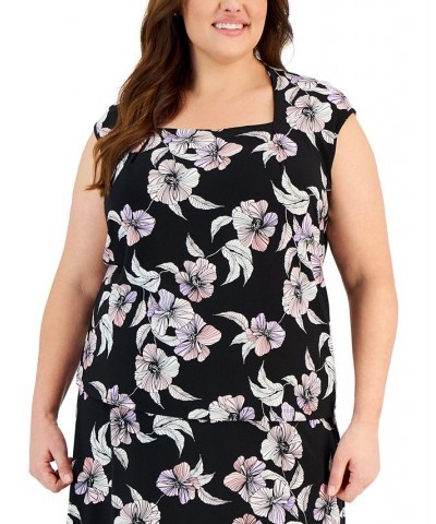 Plus Size Floral Square-Neck Cap-Sleeve Blouse Black Multi $21.44 Tops