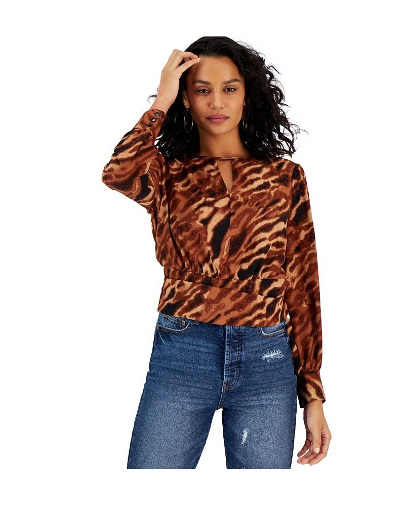 Women's Animal-Print Keyhole Blouse Brown $16.82 Tops