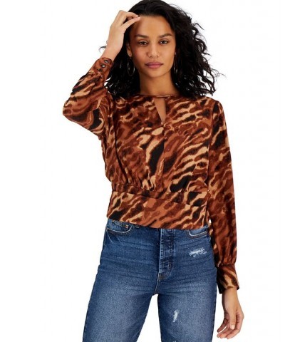 Women's Animal-Print Keyhole Blouse Brown $16.82 Tops