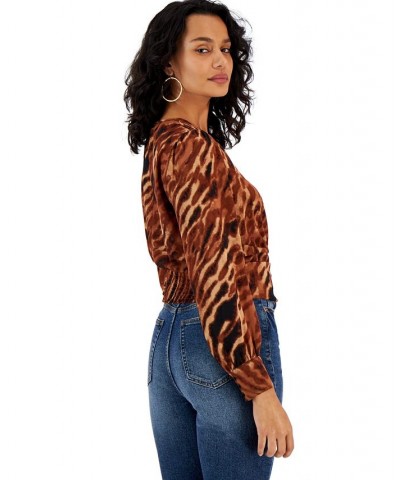 Women's Animal-Print Keyhole Blouse Brown $16.82 Tops