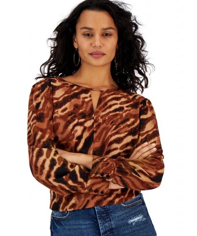 Women's Animal-Print Keyhole Blouse Brown $16.82 Tops