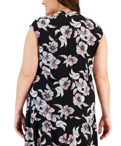 Plus Size Floral Square-Neck Cap-Sleeve Blouse Black Multi $21.44 Tops