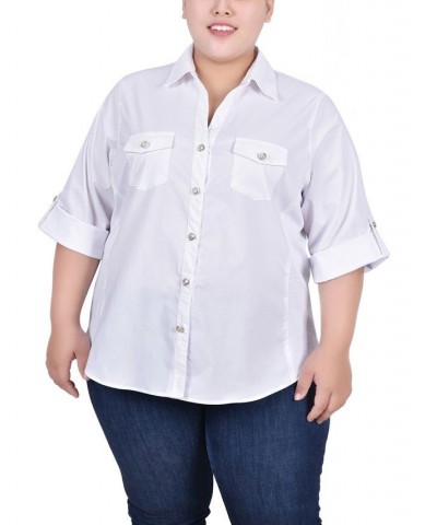 Plus Size Roll Tab Blouse with Rib Insets White $14.60 Tops