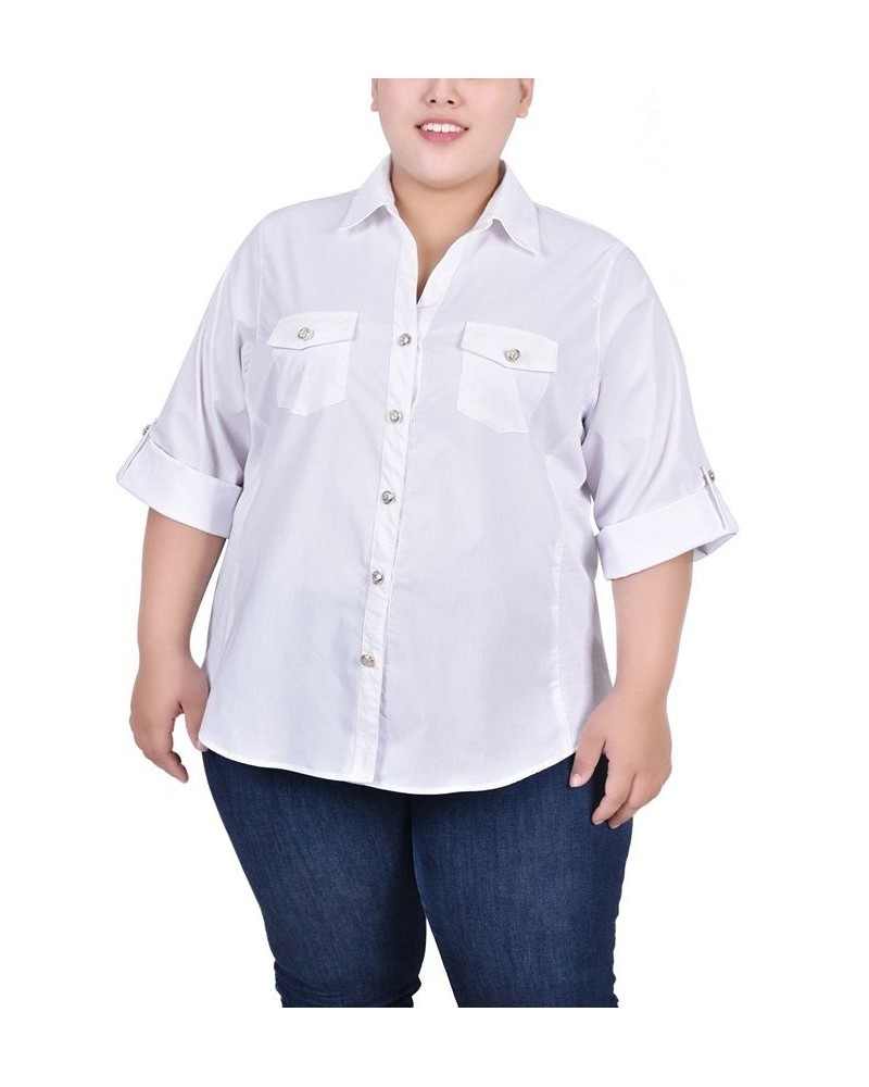 Plus Size Roll Tab Blouse with Rib Insets White $14.60 Tops