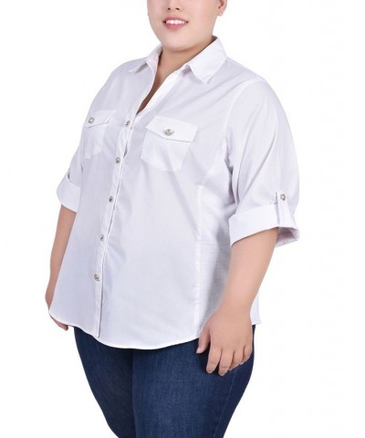 Plus Size Roll Tab Blouse with Rib Insets White $14.60 Tops