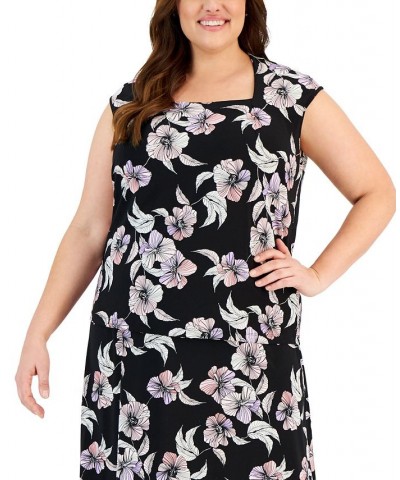 Plus Size Floral Square-Neck Cap-Sleeve Blouse Black Multi $21.44 Tops