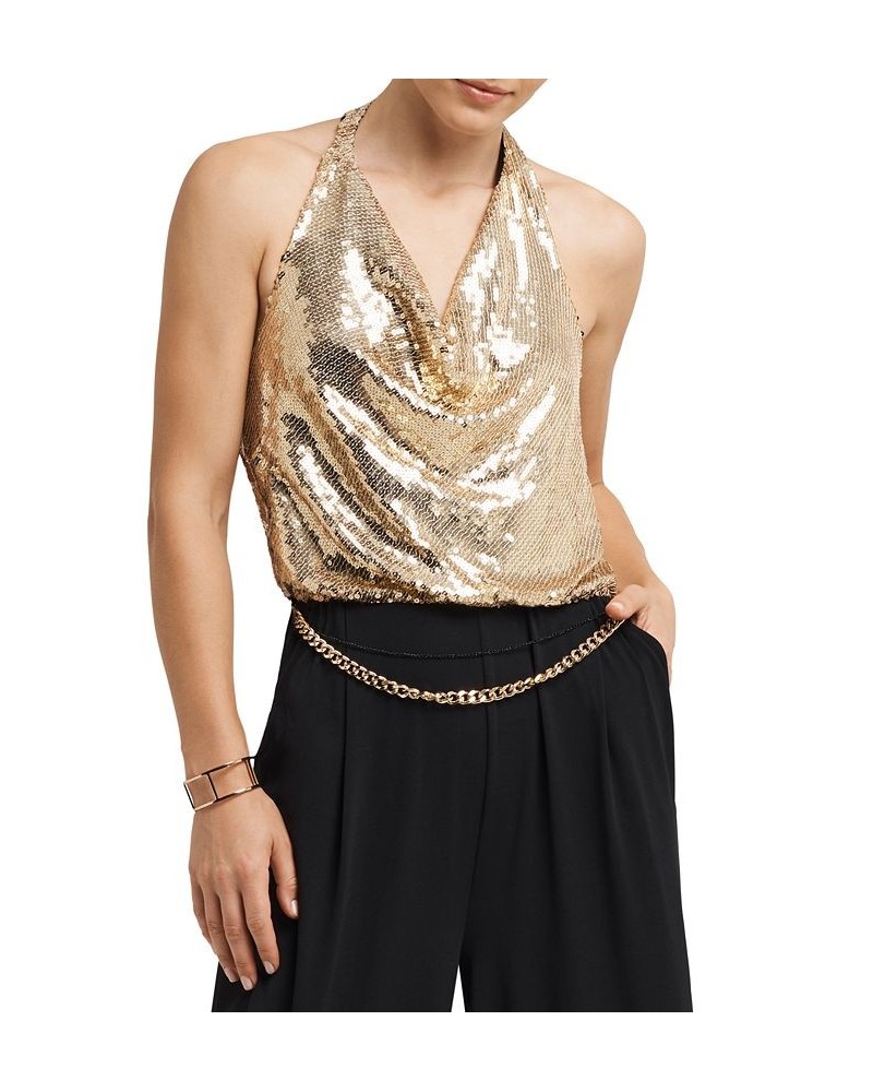 Women's Sequined Halter-Top Wide-Leg Jumpsuit Halston Gold Black Combo $35.41 Pants