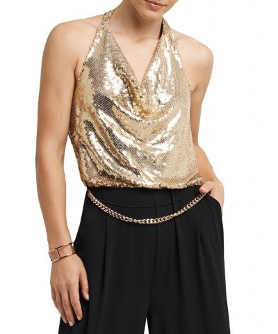 Women's Sequined Halter-Top Wide-Leg Jumpsuit Halston Gold Black Combo $35.41 Pants