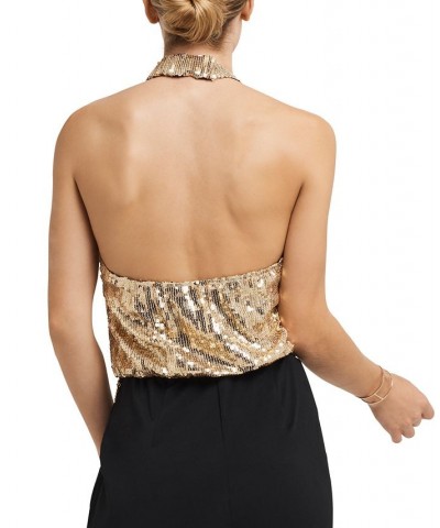 Women's Sequined Halter-Top Wide-Leg Jumpsuit Halston Gold Black Combo $35.41 Pants