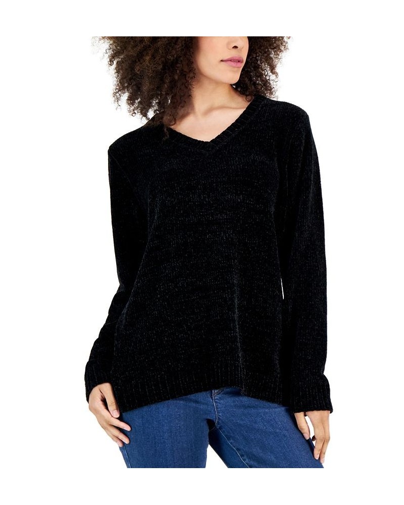 Women's V-Neck Chenille Sweater Deep Black $12.84 Sweaters