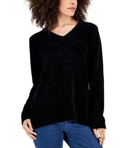 Women's V-Neck Chenille Sweater Deep Black $12.84 Sweaters