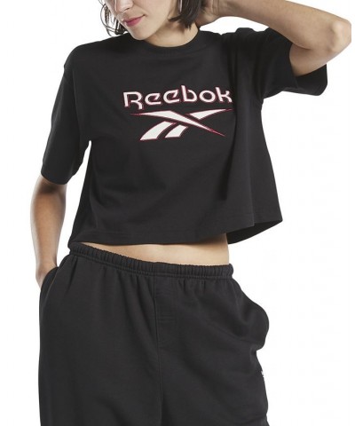 Women's Cropped Cotton Crew-Neck Logo-Graphic T-Shirt Black $17.98 Tops